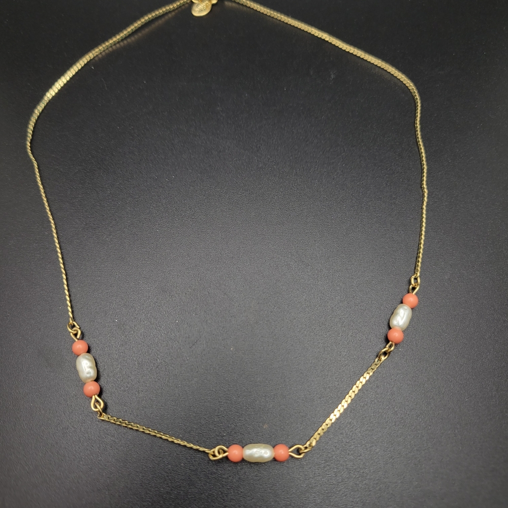 Avon Gold-Tone Necklace with Coral Beads and Pearl Accents